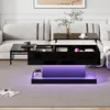 A modern living room with a couch and a black high-gloss coffee table with LED lighting. Produktbild-Vorschau