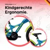 A close-up marketing image of a blue and green children's bicycle, with text overlays and illustrative elements in the background. Produktbild-Vorschau