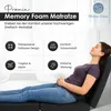 A woman is lying on a mattress, with feature callouts around her. Produktbild-Vorschau