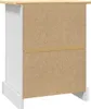 The back view of a white and wood-grain bedside table. Produktbild-Vorschau