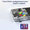 A close-up shot of a handheld gaming console with a camouflage pattern, showing its buttons and a memory card inserted. Text overlays describe its features. Produktbild-Vorschau
