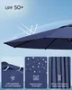 A close-up of a dark blue umbrella canopy with text overlays describing its features. Produktbild-Vorschau