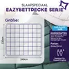 A graphic overlay with product information on a blurred background of a duvet. Produktbild-Vorschau