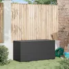 A dark grey poly rattan storage box sits on a green lawn in front of a wooden fence and a brick wall. Anteprima dell’immagine prodotto