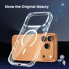 A clear iPhone case with a magnetic ring is shown on top of an orange iPhone. There are sparkling effects in the background. Náhľad obrázku produktu