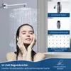 A woman is showering under a large showerhead, with water droplets and H2O symbols around her. The right side of the image shows close-ups of showerhead features with German text descriptions. Produktbild-Vorschau