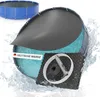 A cutaway view of a solar pool cover, showing its layered construction and a separate component with a valve. Water splashes around the product. Produktbild-Vorschau