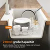 A kitchen sink filled with dishes, glasses, and a frying pan, with text overlays highlighting its capacity. Podgląd zdjęcia produktu