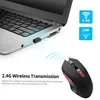 A wireless mouse and its USB receiver connected to a laptop, with marketing text and icons. Podgląd zdjęcia produktu