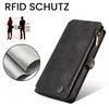 A black wallet-style phone case with a zipper and a close-up view of the RFID blocking material. The image also includes graphics illustrating RFID scanning and protection. Produktbild-Vorschau
