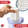 A hand is shown inserting a white filter cartridge into a clear plastic water filter housing. Produktbild-Vorschau