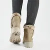 A close-up view of the back of two beige winter boots with fur trim, worn by a person in grey pants. Voir les images du produit