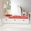 A white bed with red bedding and a red pillow in a bedroom setting. Produktbild-Vorschau