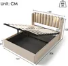 A bed with its storage compartment open, showing dimensions and weight capacity. Náhled obrázku produktu