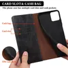 A person's hands are holding a black leather phone case open, revealing card slots and a cash pocket. Text overlays describe the features. Produktbild-Vorschau