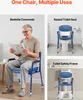A collage of images showing a commode chair used in different ways: as a bedside commode, a raised toilet seat, and a toilet safety frame. Produktbild-Vorschau