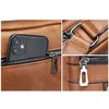 Collage of close-up shots of a brown leather bag, showing details of zippers and a phone in a pocket. Produktbild-Vorschau