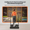 A woman is using a treadmill in front of a large screen displaying various fitness-related data and graphics. Produktbild-Vorschau