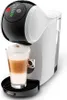 A white and black capsule coffee machine with a glass of latte in front of it. Produktbild-Vorschau