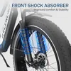 Close-up of the front suspension and wheel of an electric bicycle, with marketing text overlay. Produktbild-Vorschau