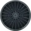 A top-down view of a round charcoal filter with a gray plastic grate over a black filter material. Produktbild-Vorschau