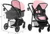Two views of a pink and gray Kinderkraft multi-functional stroller with dimensions indicated. Produktbild-Vorschau