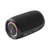 A black portable Bluetooth speaker with colorful LED lights on a white background. Podgląd zdjęcia produktu