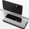 A black smartphone case with a clear view flip cover is shown on a white surface. Produktbild-Vorschau