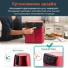 A person is using a red air fryer in a kitchen setting, with inset images comparing its design to other appliances. Produktbild-Vorschau