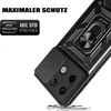A black smartphone case with a camera cover and a ring holder, shown diagonally against a white background. Text indicating 'MAXIMALER SCHUTZ' and 'DROP PROTECTION MIL STD 810G-516.6' is present. Produktbild-Vorschau