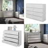 A collage of images showing a white dresser in different settings, including a bedroom and a studio shot. Voir les images du produit