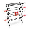A black drying rack with red arrows indicating airflow. Produktbild-Vorschau