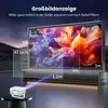 A mini projector projecting an image onto a large screen, with size and distance indicators. Produktbild-Vorschau