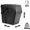 A black plastic trash bin with dimensions and capacity indicated. Podgląd zdjęcia produktu