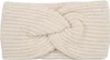 A close-up studio shot of a cream-colored knitted headband with a twisted knot detail.