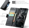 A black leather wallet-style phone case is shown open, displaying card slots and a cash slot, with a phone inside. Produktbild-Vorschau