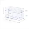 A set of clear plastic food storage containers with white lids, arranged in a grid formation and showing dimensions. Produktbild-Vorschau