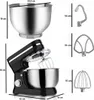 A size chart and product image of a black and silver kitchen mixer with its attachments. Produktbild-Vorschau