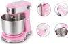 A pink stand mixer with a stainless steel bowl, shown from multiple angles and close-ups of its features. Produktbild-Vorschau