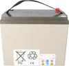A lead-acid battery with a handle and various safety and recycling symbols on its casing. Anteprima dell’immagine prodotto