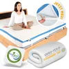 A woman sitting on a mattress topper on a bed, with close-up views of the product's features and certifications. Produktbild-Vorschau