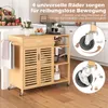 A kitchen island cart with storage, shown in a kitchen setting with some decorative items and appliances. Close-up insets highlight the wheels. Podgląd zdjęcia produktu