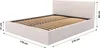 A white upholstered bed frame with a wooden slat base, shown from a diagonal angle with dimensions indicated. Produktbild-Vorschau