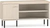 A light-colored shoe cabinet with a seat on top, featuring a fluted door and black legs, displayed against a white background. Produktbild-Vorschau