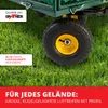 Close-up of a green garden cart wheel on grass, with marketing text overlays. Produktbild-Vorschau