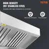 Close-up of a stainless steel range hood with text overlays highlighting its features. Produktbild-Vorschau