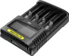 A black Nitecore UMS4 battery charger is shown from a slightly elevated angle against a white background. Podgląd zdjęcia produktu