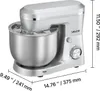 A silver VEVOR stand mixer is shown from a front-diagonal angle on a white background, with dimensions indicated by measurement lines and text. Produktbild-Vorschau