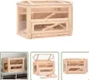 A collage of images showing a wooden hamster cage from different angles and in different settings. Náhľad obrázku produktu