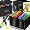 A set of 120 alcohol markers is displayed in a black carrying case and in a clear plastic stand, along with a box and a drawing of a giraffe. Náhľad obrázku produktu